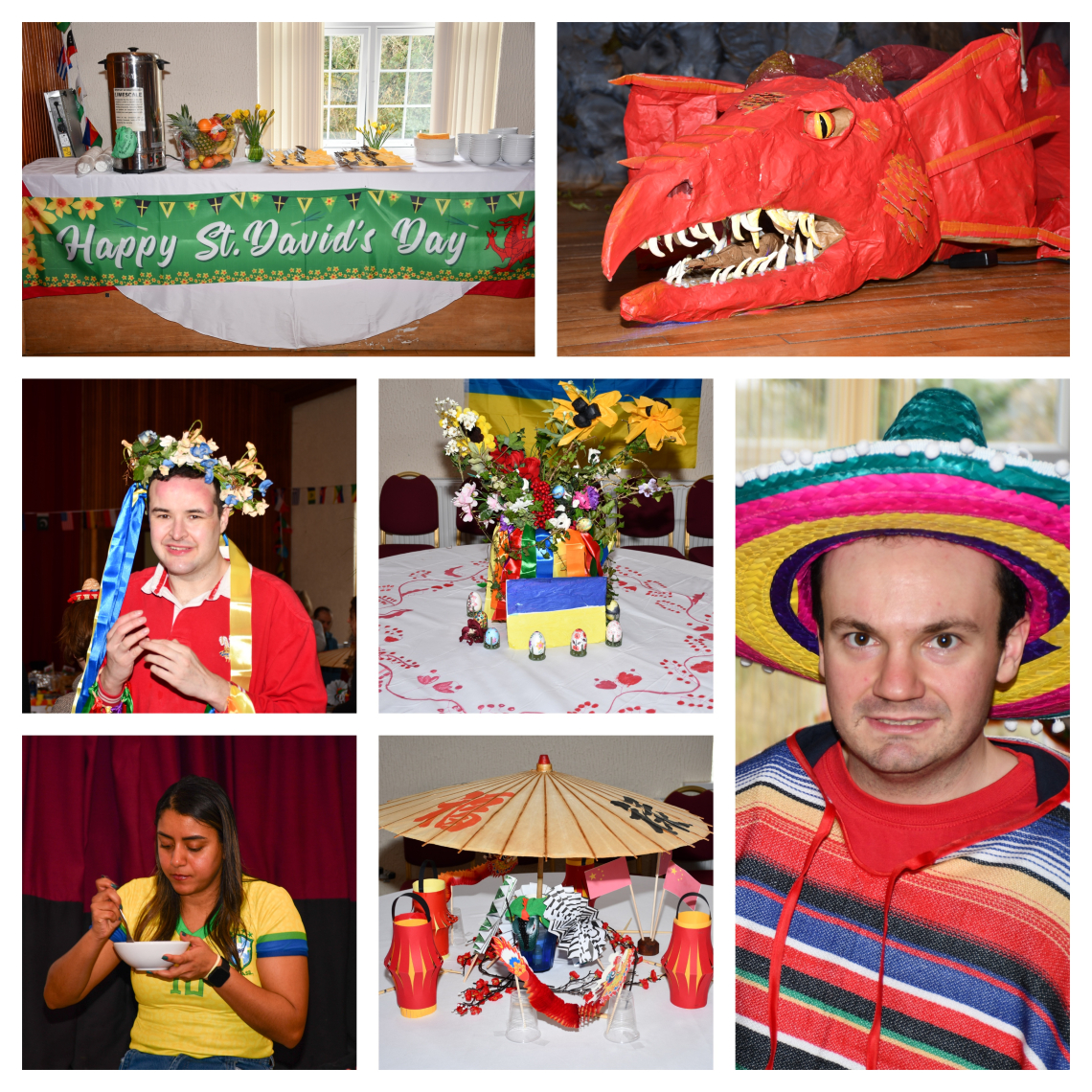 people in costumes at an international food celebration with a dragon