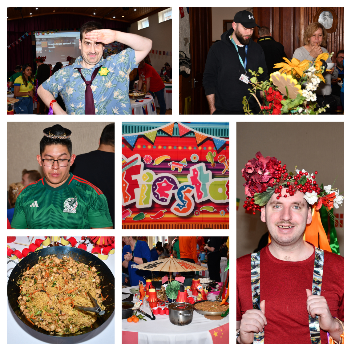 A collage of people enjoying themselves at an international food celebration