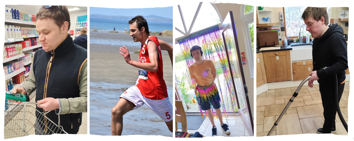 A montage. A young man shops in a supermarket with a basket. A young in a red vest runs on a beach. A young man is dressed for a party. A young man hoovers a kitchen
