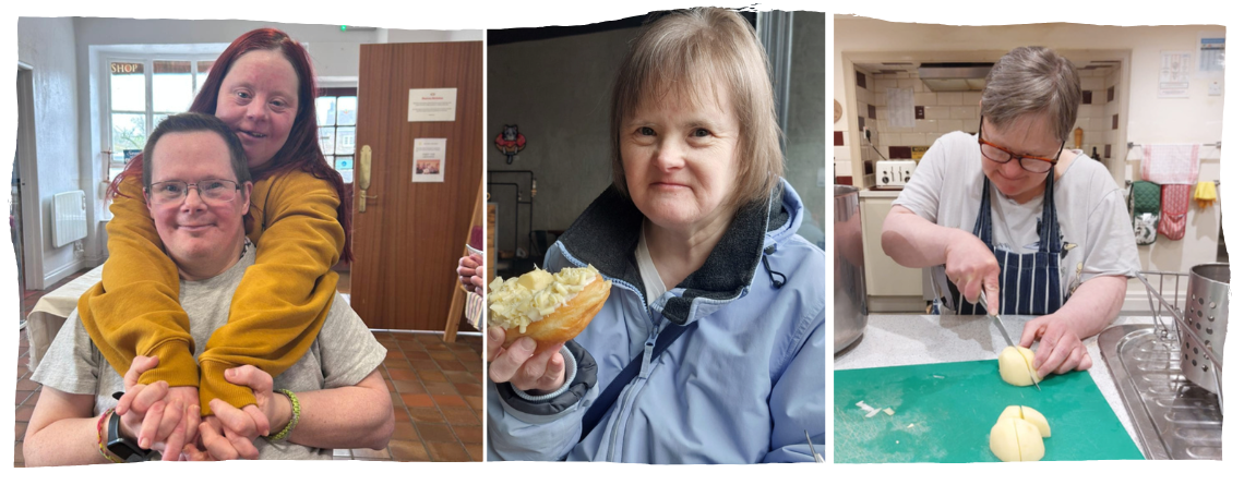 A montage of 3 images: a man smiles and woman stands behind him with her arms over his shoulders. A woman holds a cream cake. A woman in an apron chops.