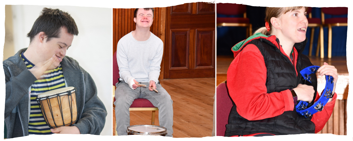 Three images: a young man drumming, a young man smiling and drumming, a young woman with a tambourine