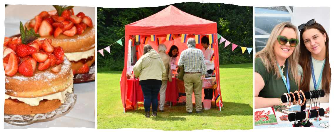 A montage of cake, a red tent and two woman selling bracelets.