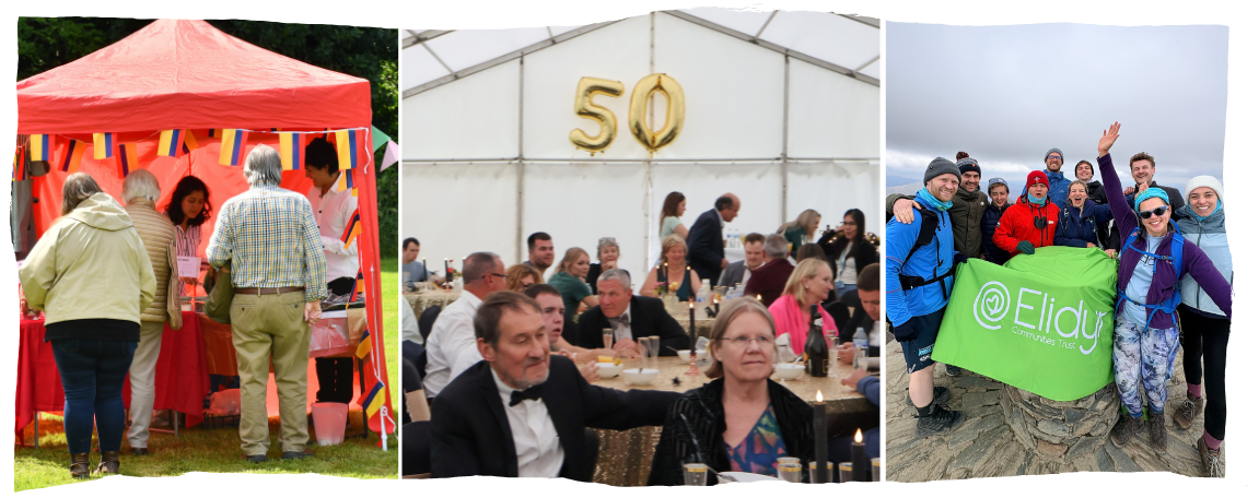 A montage of 3 images: a red tent at the summer fayre,  a 50 party in a tent, a group up a mountain with a flag 