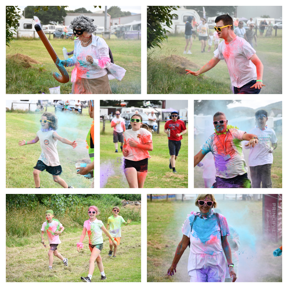 People covered in coloured powder enjoying a colour run