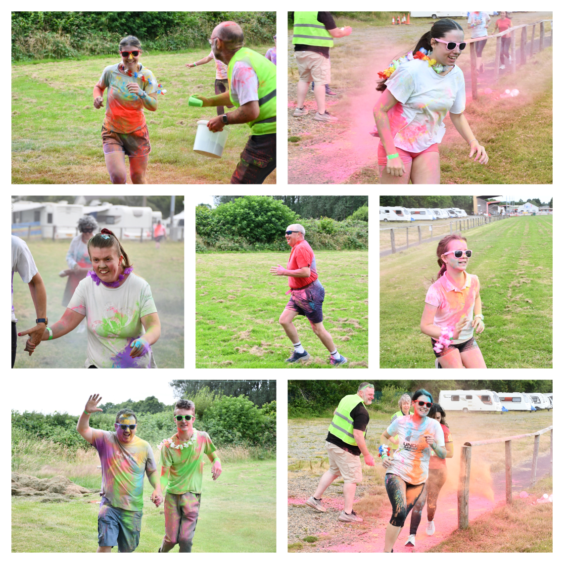 People covered in coloured powder during a colour run event
