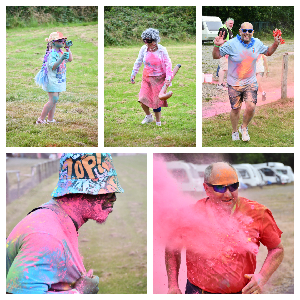 Gangster Granny and others covered in colour powder during a colour run