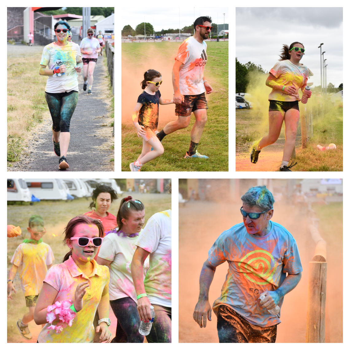 People running and covered in colour powder at a colour run event