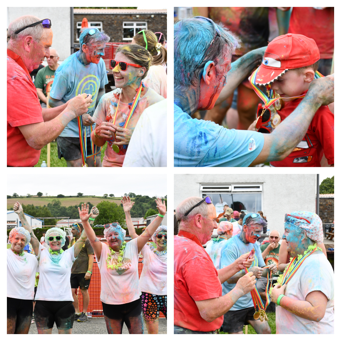 People receiving medals and celebrating after a colour run event