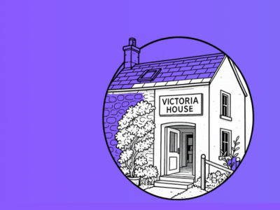 An line drawing of Victoria House on a purple background